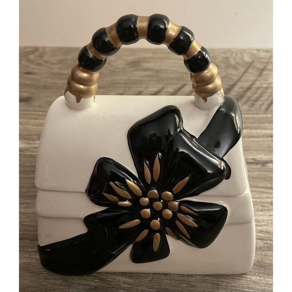 David Ceramic Cookie Cream Purse with Black and Gold Ribbon